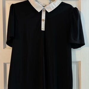 Karl Lagerfeld Black Puff Sleeve Blouse with White Contrast Collar Gold Buttons